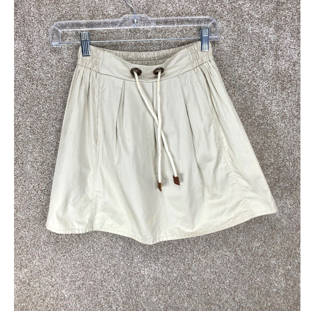 Zara Pleated Drawstring Mini Skirt Womens XS Beige Elastic Waist Cotton Summer